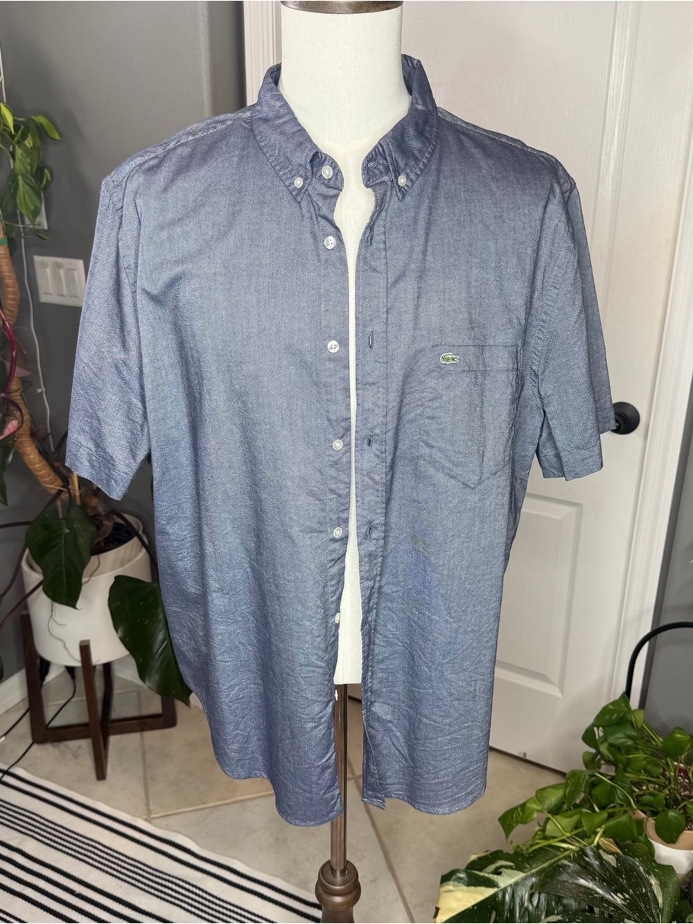 Lacoste Men’s Blue Chambray Short Sleeve Button Down Shirt Classic Fit 46